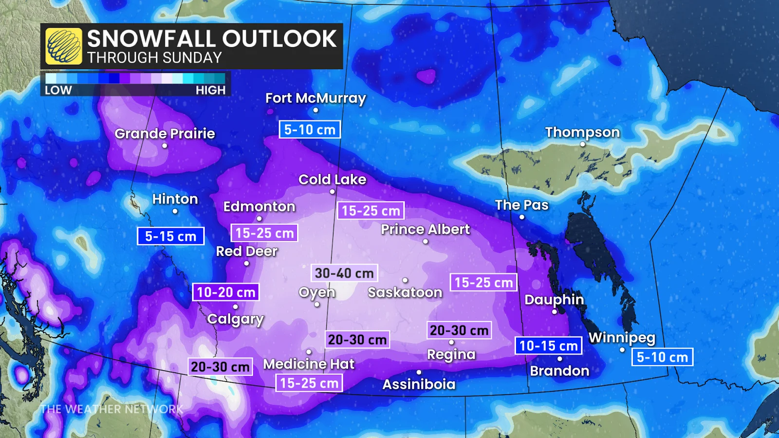 Prairies snowfall outlook through Sunday