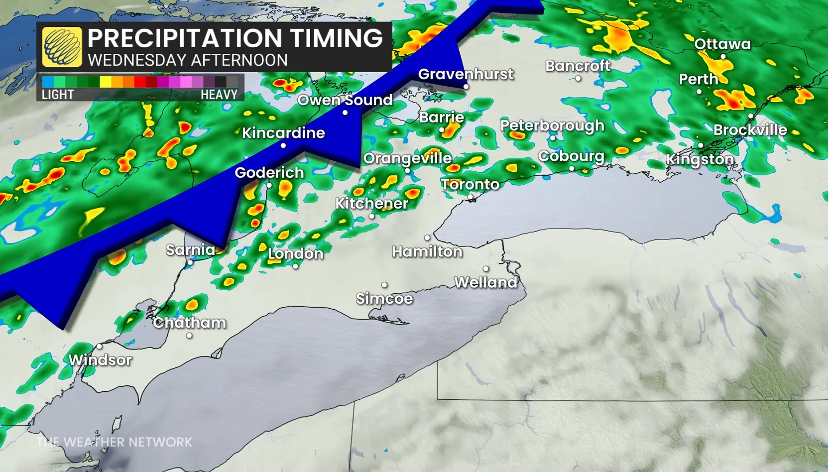 Ontario precipitation timing Wednesday afternoon
