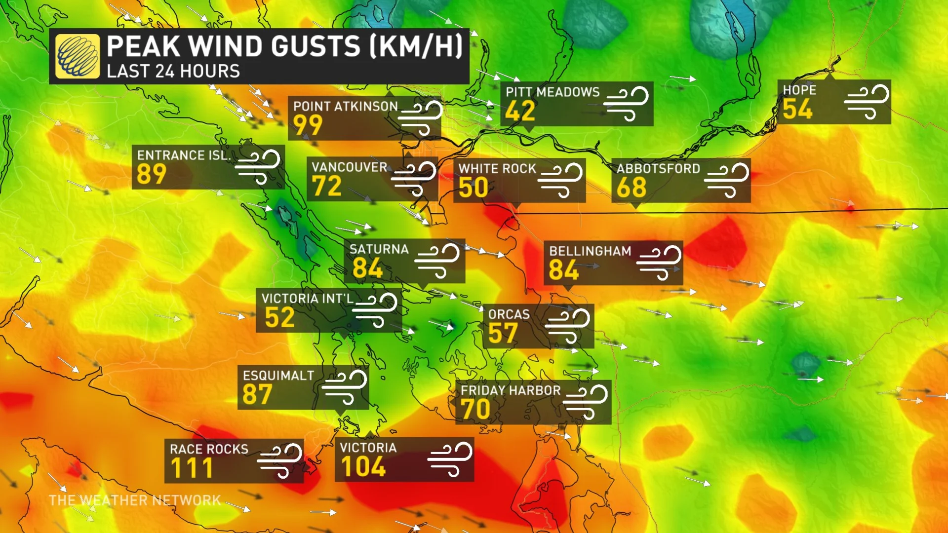 November 4. 2024, B.C. Peak Wind Gusts