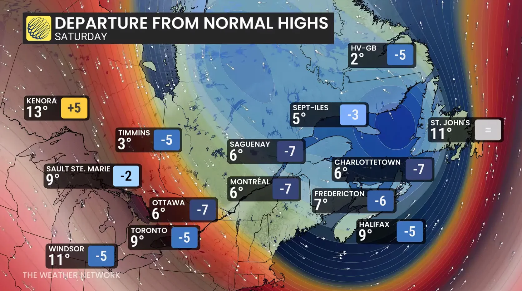 Eastern Canada Saturday temperatures from normal