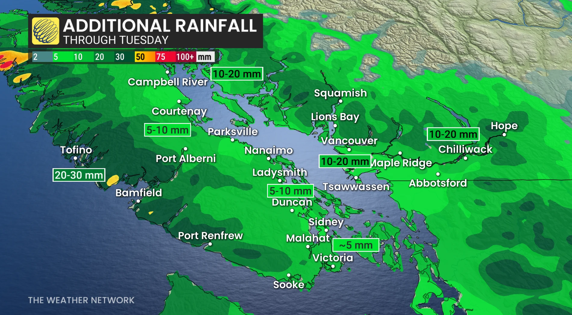 Additional rainfall through Tuesday B.C.