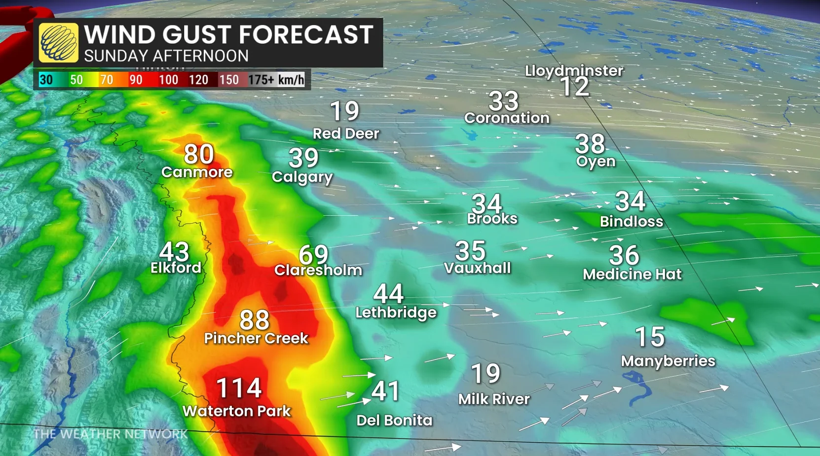 Alberta wind gusts Sunday afternoon