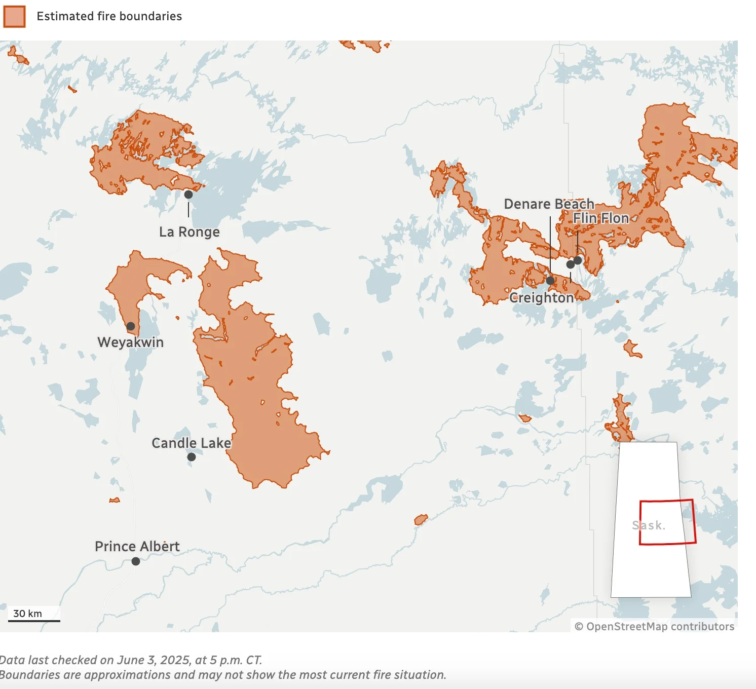 Saskatchewan fire boundaries/Canadian Wildland Fire Information System (Graeme Bruce/CBC)