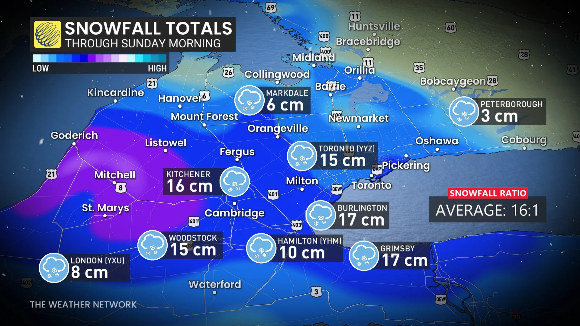 Ontario snowfall totals Saturday night through Sunday morning
