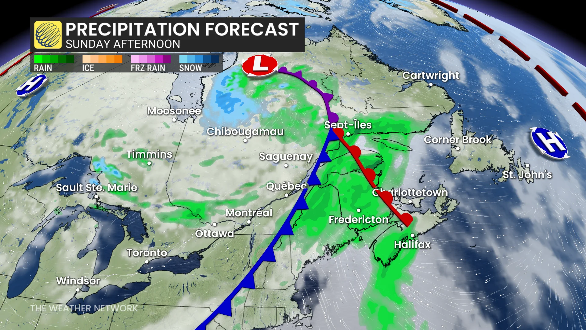 Eastern Canada precipitation forecast Sunday afternoon