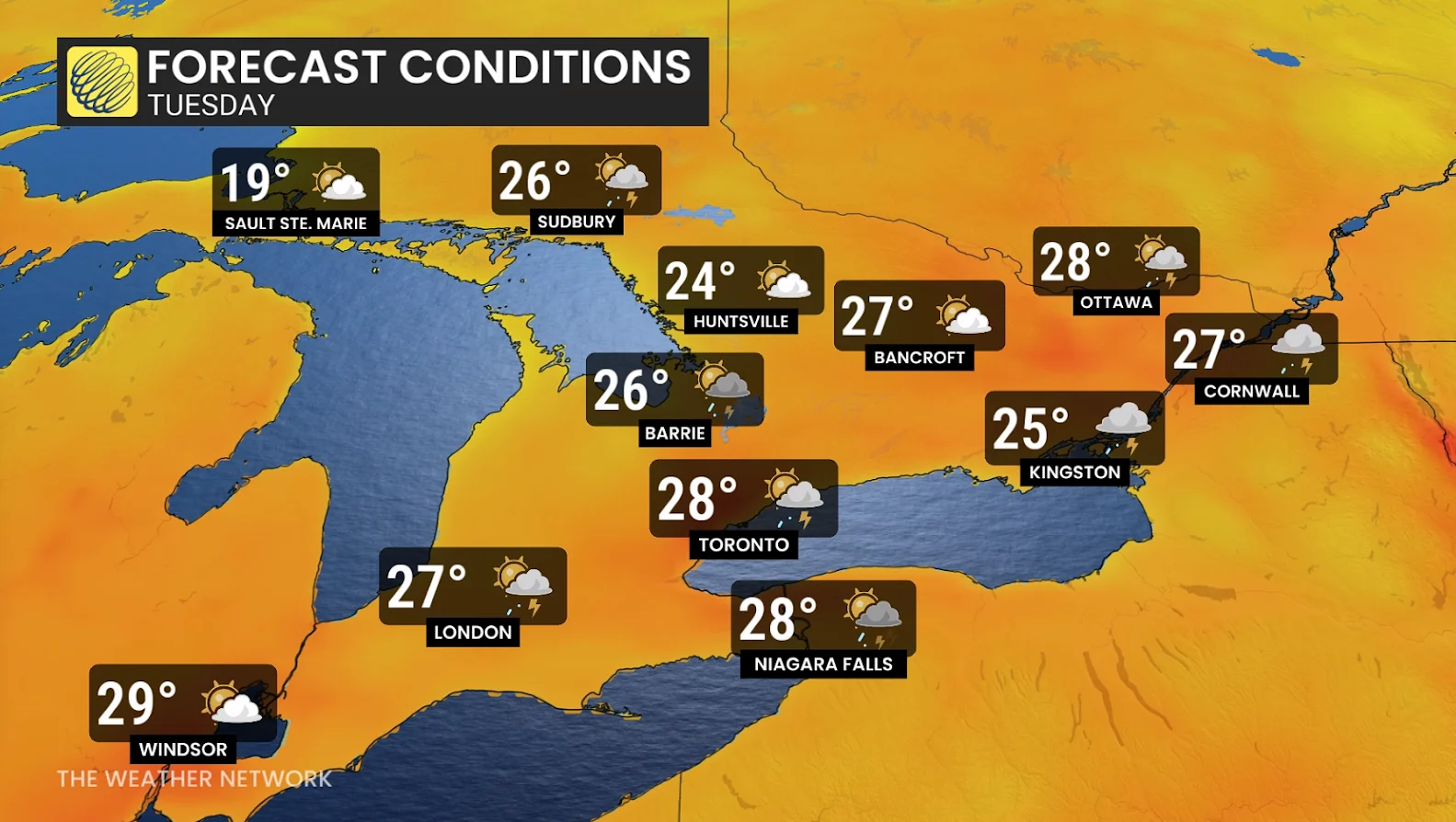 Ontario, Forecast, Canada Day, Rain, Thunderstorm, Lightning, June 30, 2025. (The Weather Network/Tyler Hamilton)