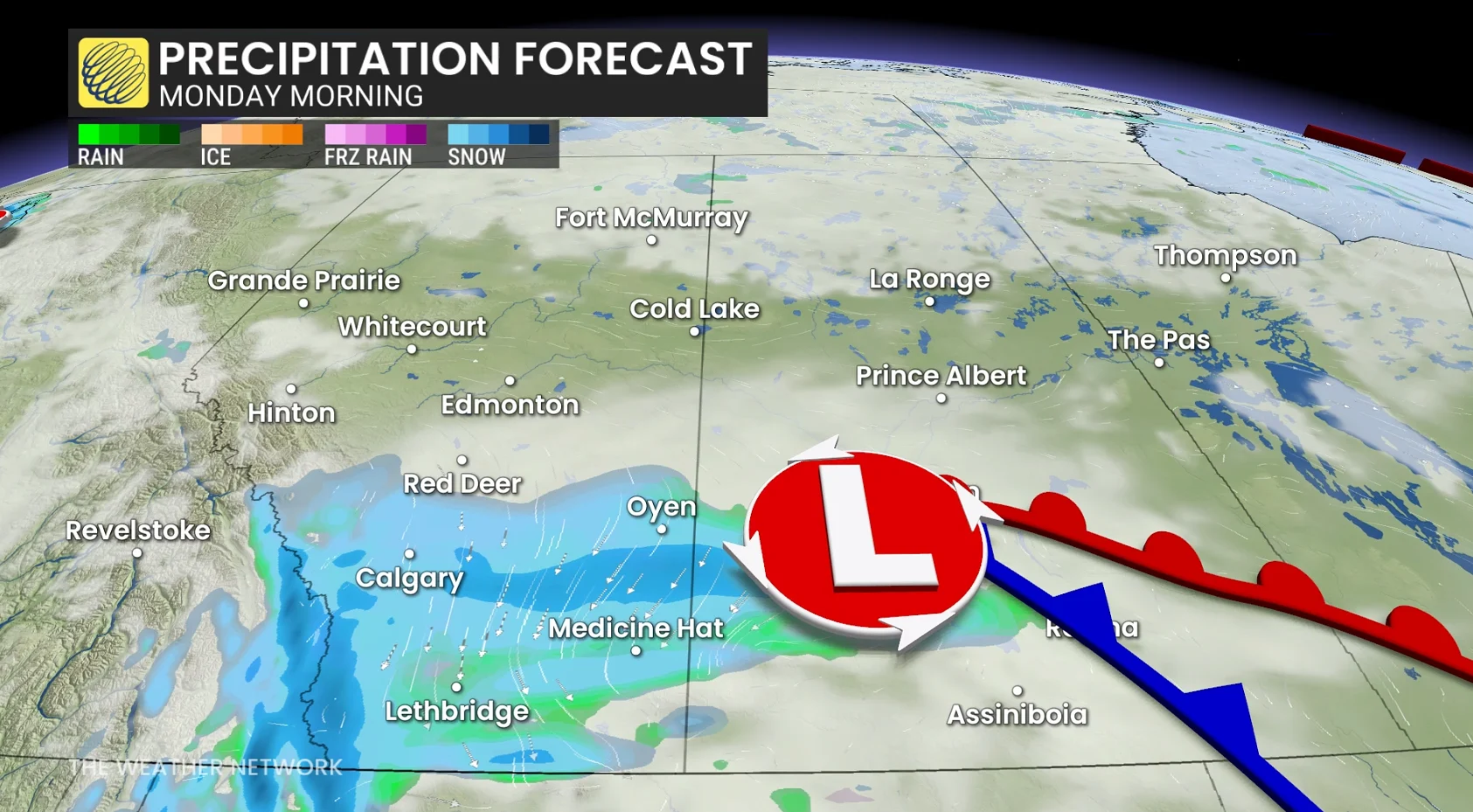 Prairies precipitation timing pre-dawn hours Monday morning