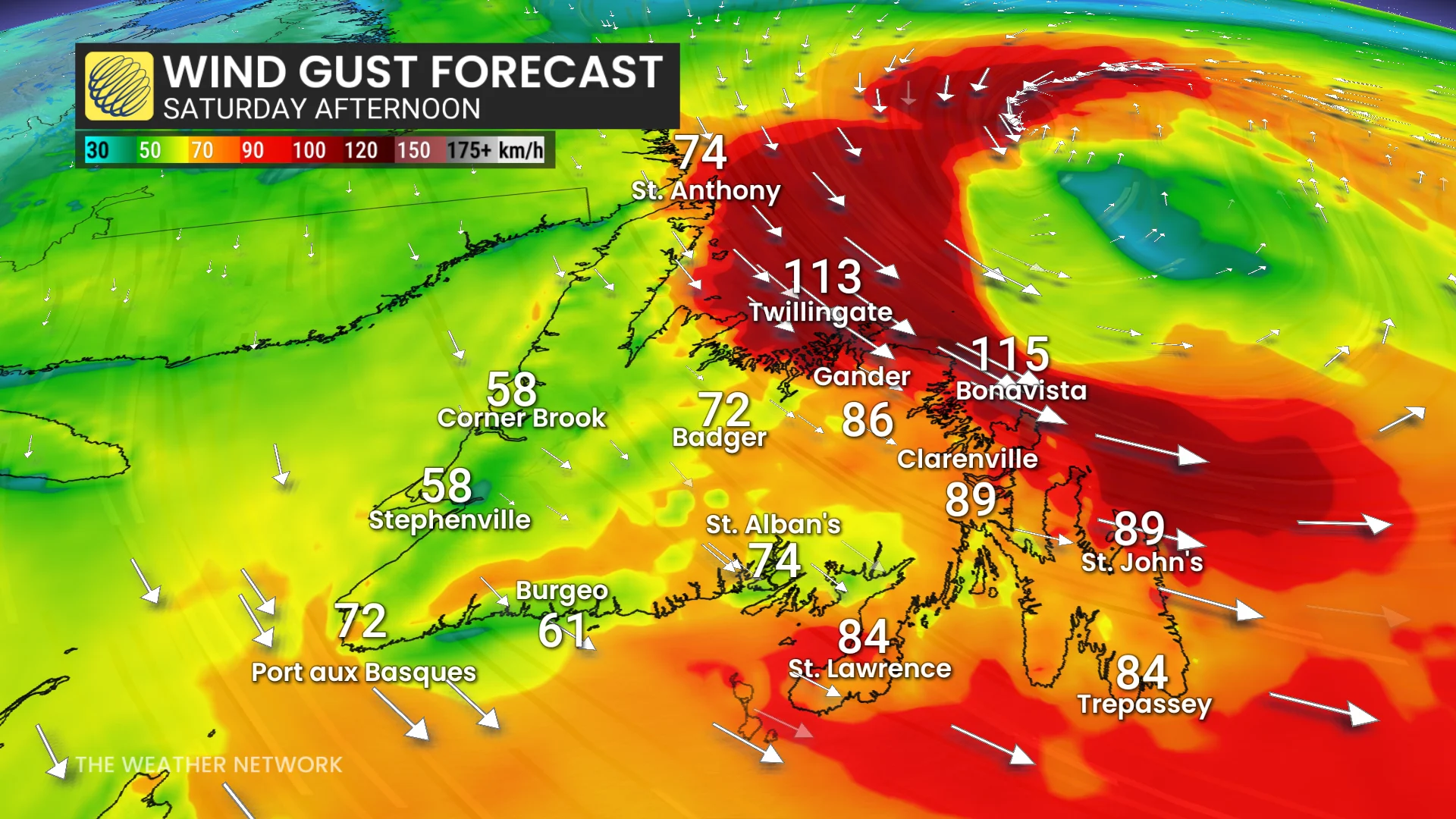Newfoundland wind gusts Saturday afternoon