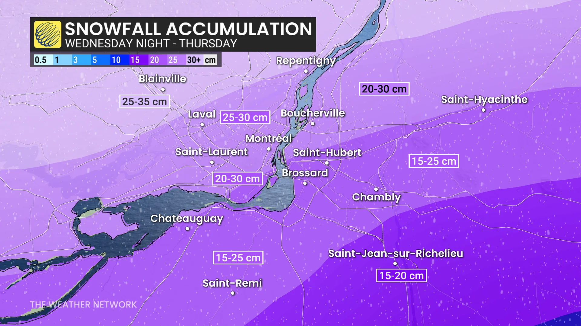 Quebec snowfall Wednesday night to Thursday