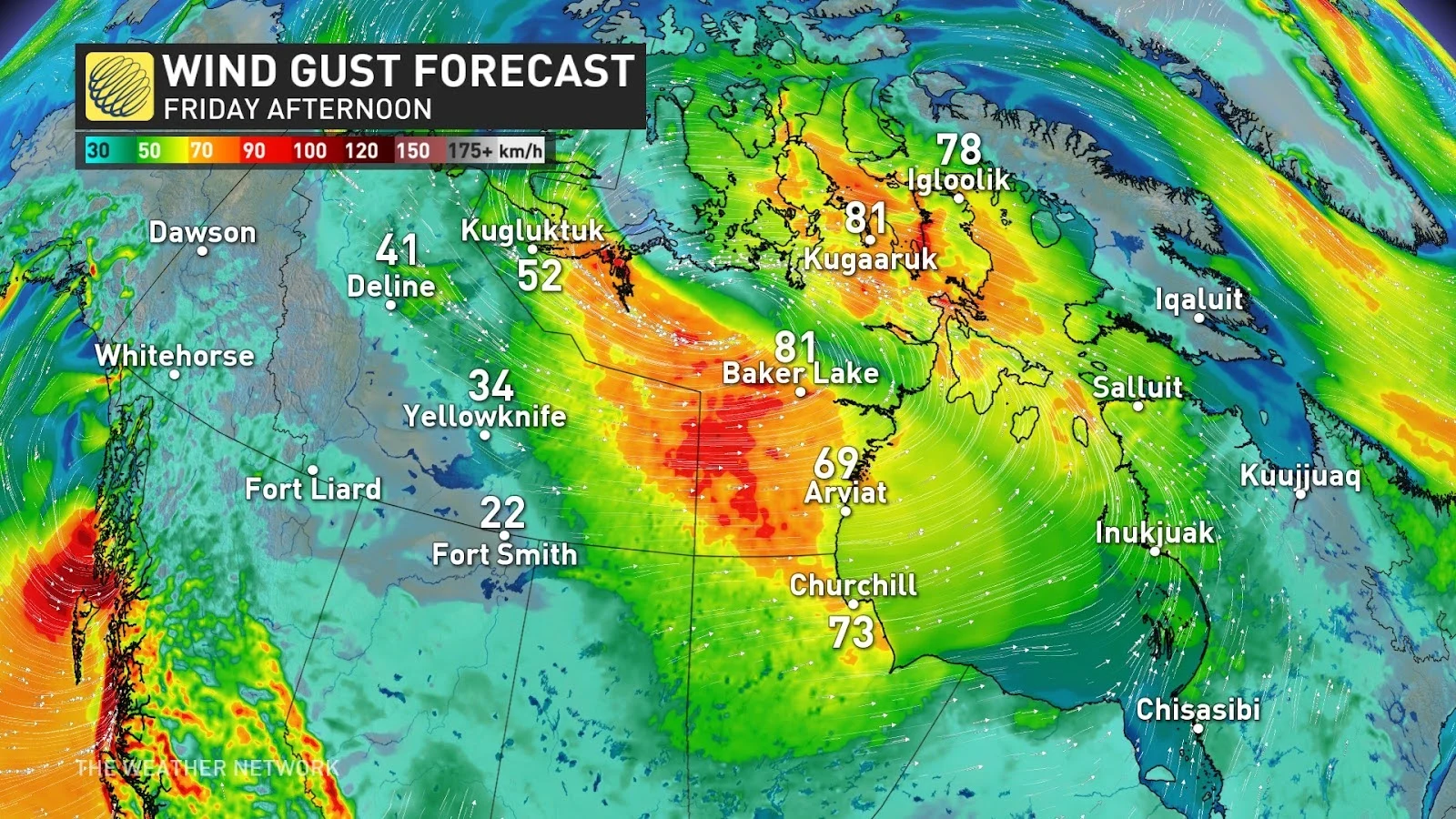 Northern Canada wind gust forecast Friday afternoon - Oct. 16, 2024