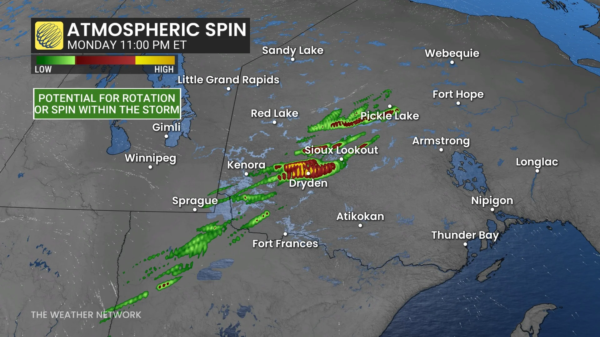 Manitoba-northwestern Ontario atmospheric spin Monday overnight
