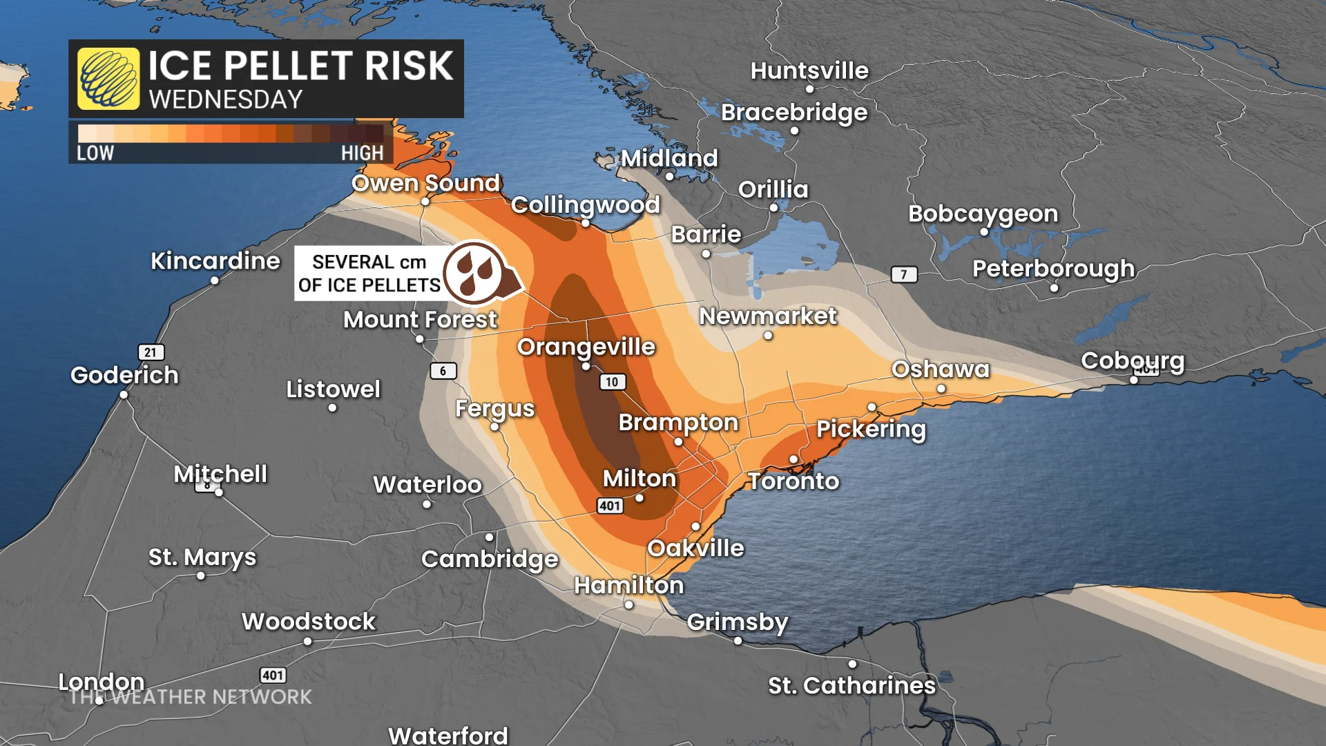 Ontario ice pellet risk Wednesday