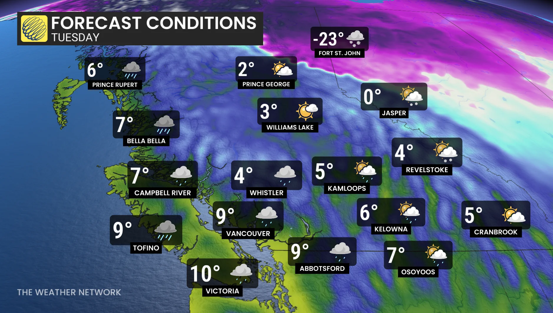 B.C. Tuesday temperatures and icons