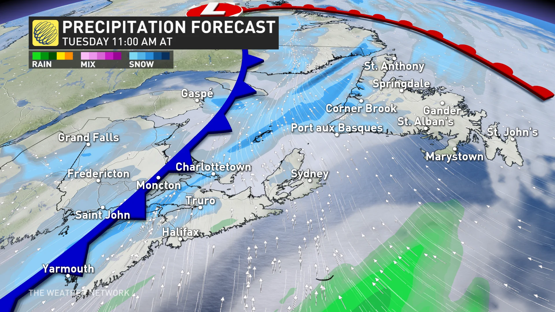 Tuesday morning precipitation timing Atlantic Canada