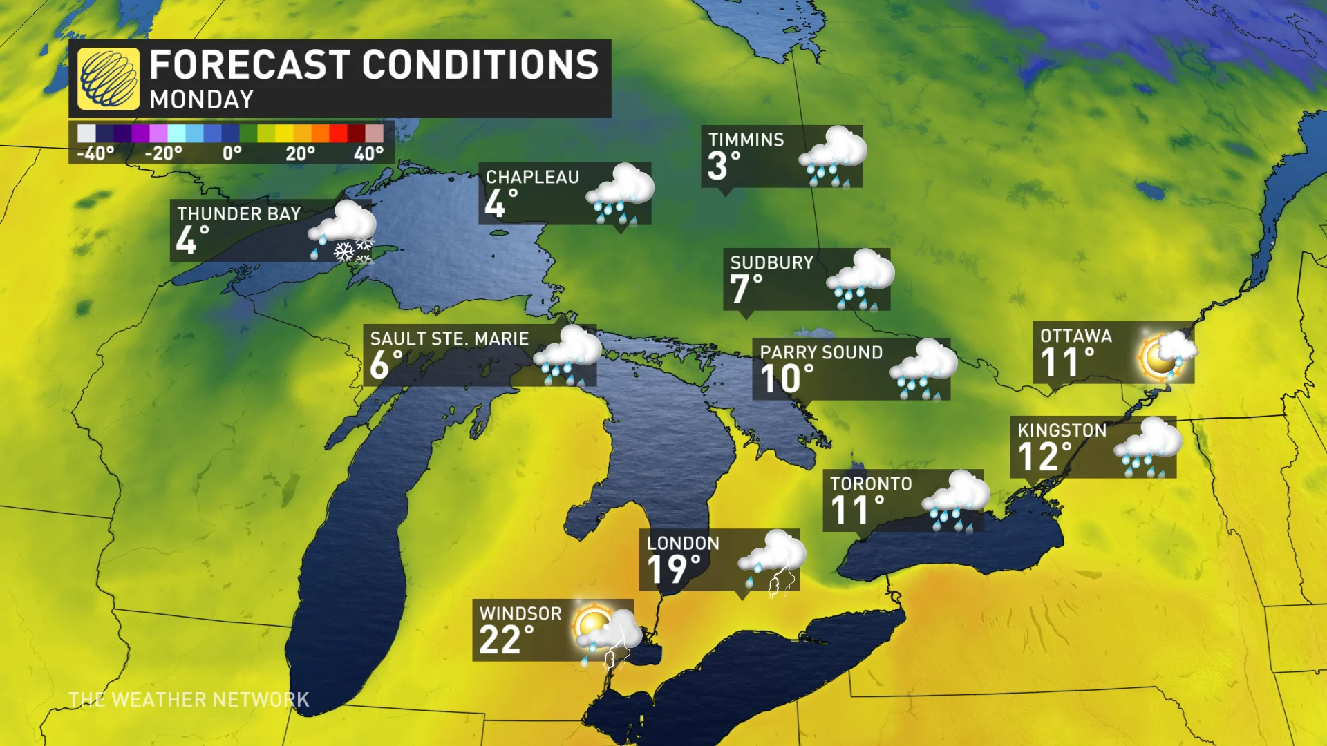 Ontario Monday forecast conditions and temperatures