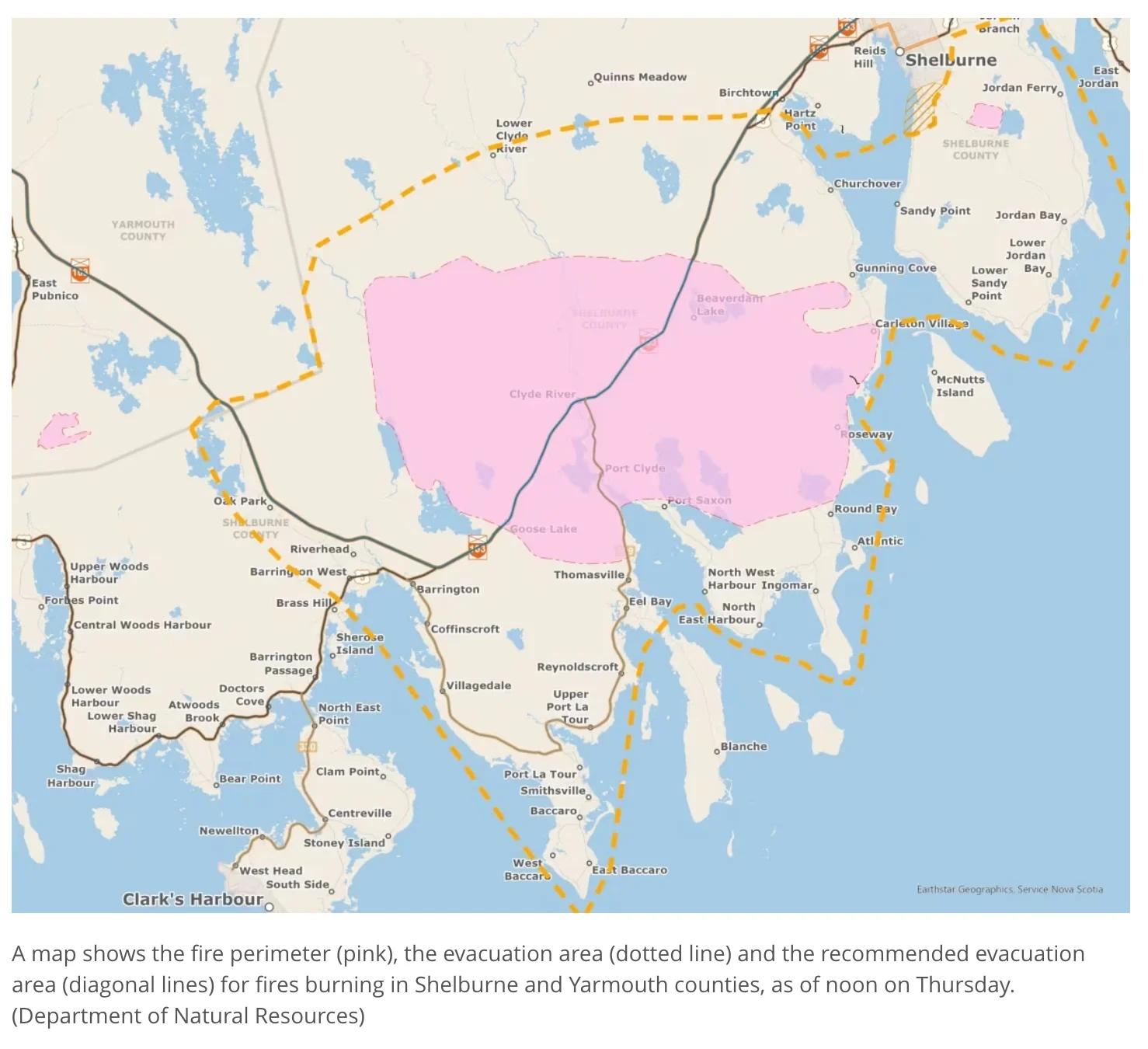 (Department of Natural Resources): A map shows the fire perimeter (pink), the evacuation area (dotted line) and the recommended evacuation area (diagonal lines) for fires burning in Shelburne and Yarmouth counties, as of noon on Thursday. (Department of Natural Resources)