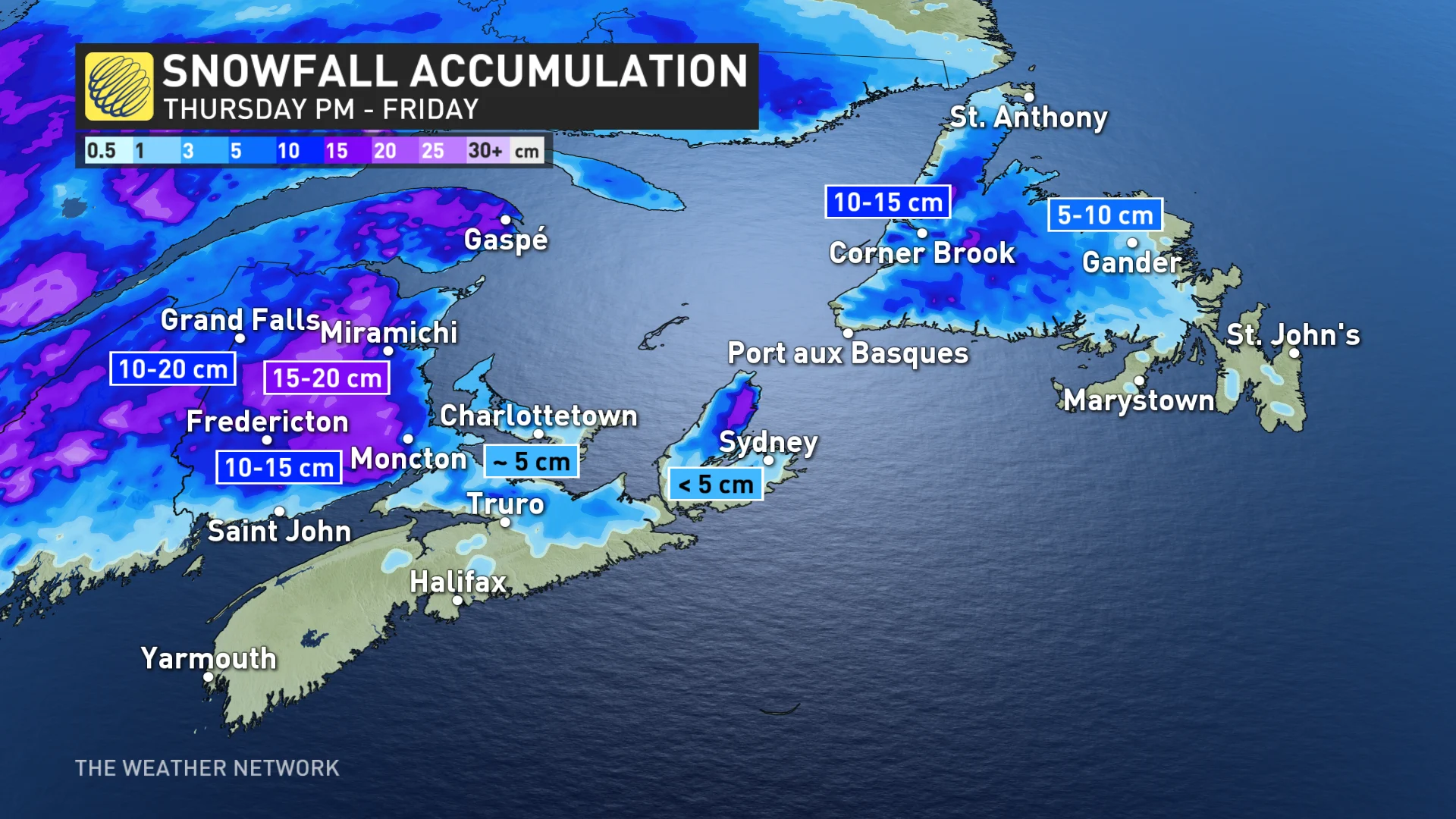 Atlantic Canada snowfall Thursday to Friday