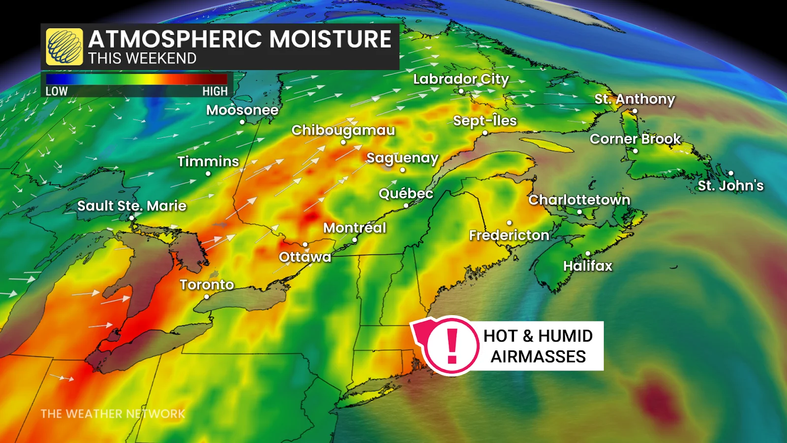 Ontario, Atlantic, Canada, Heat, Summer, Heat Wave, Hot, Moisture, August 06, 2025. (The Weather Network/Rachel Modestino)