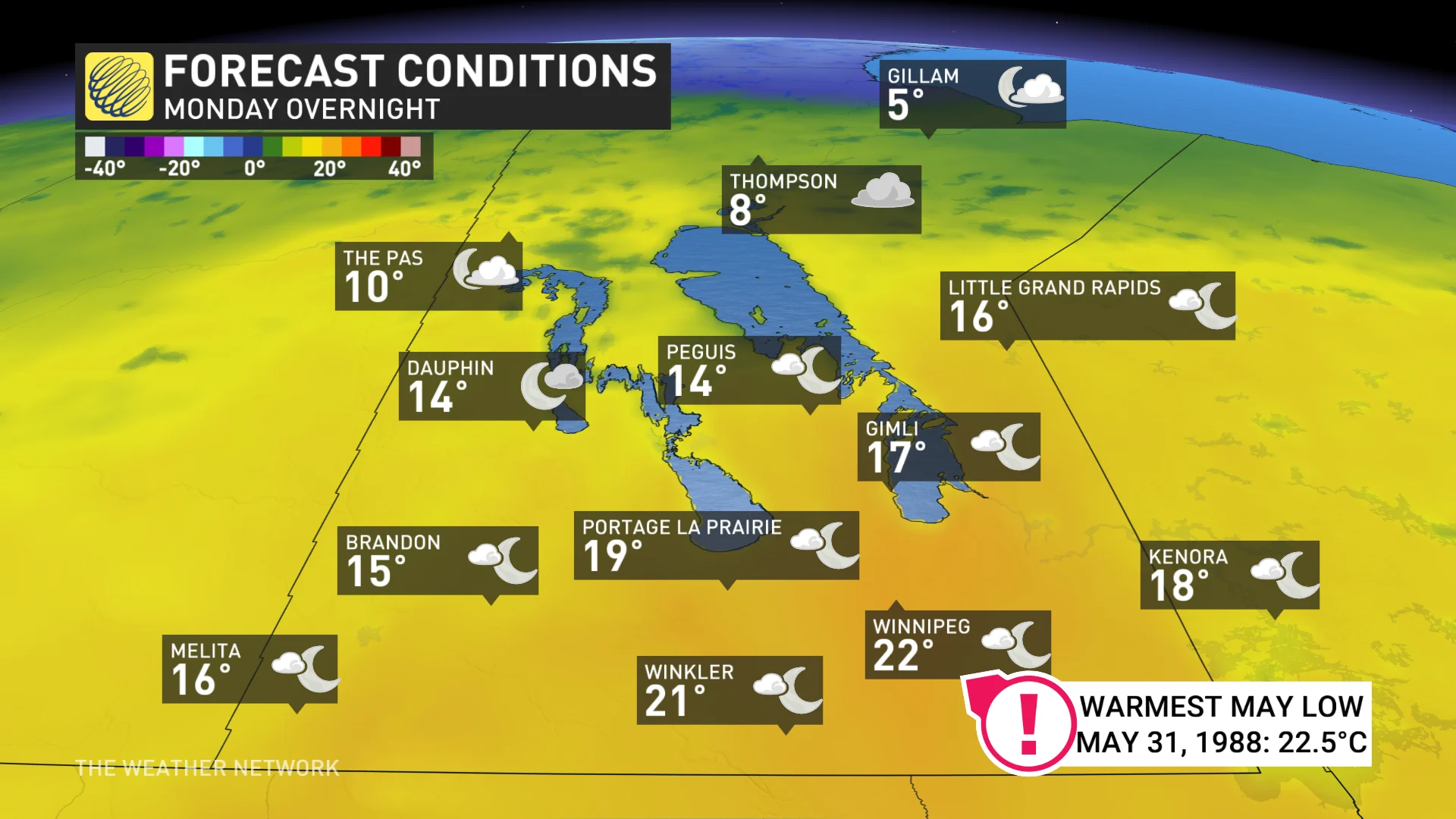 Monday overnight lows in southern Manitoba