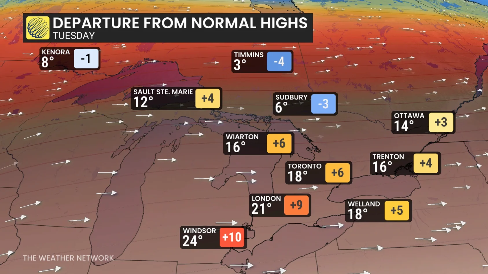 Ontario departure from normal highs Tuesday