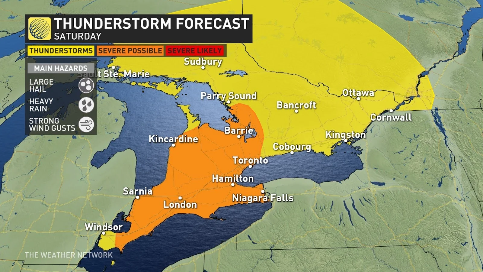 Southern Ontario Saturday thunderstorm risk map AUg 17 2024