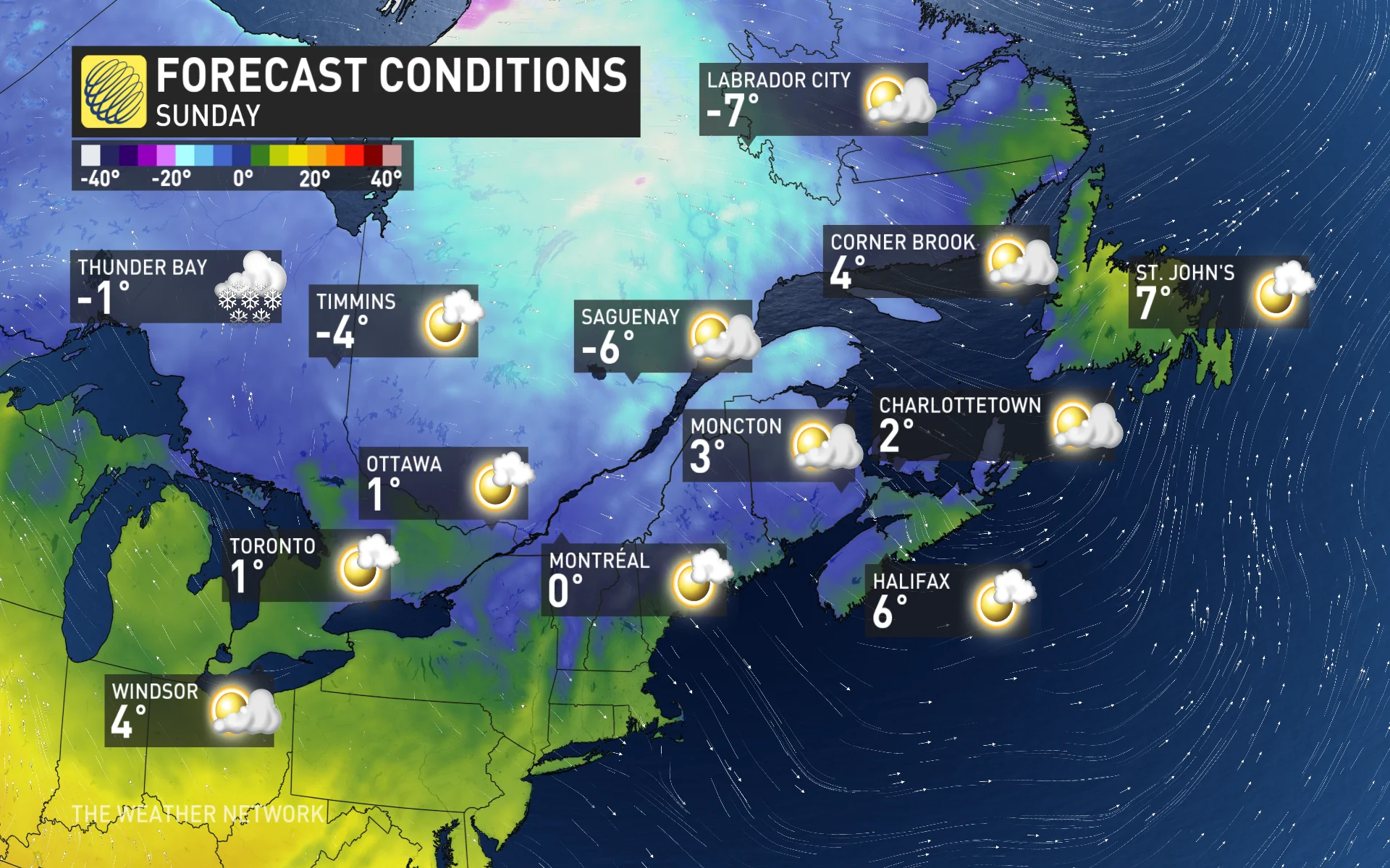 Sunday temperatures and icons Eastern Canada