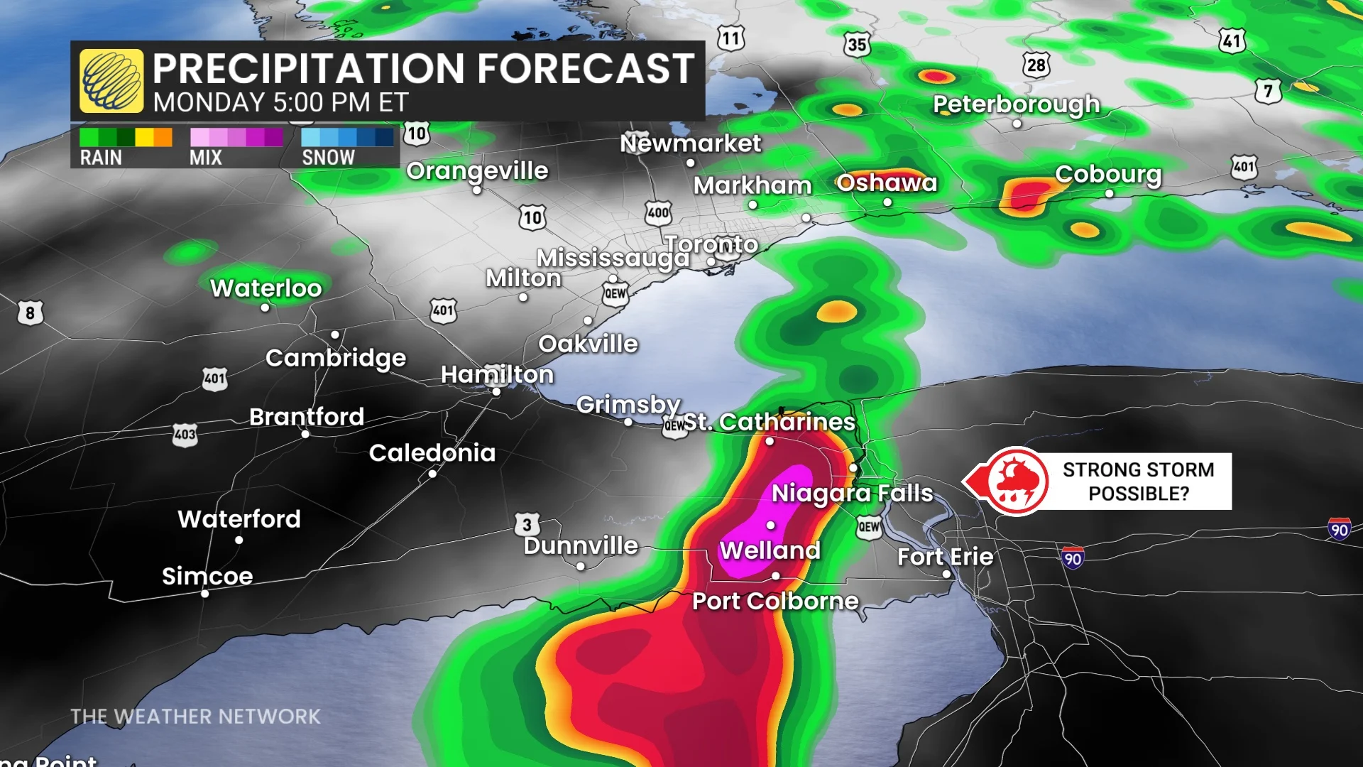 Ontario precipitation timing forecast Monday 5 pm