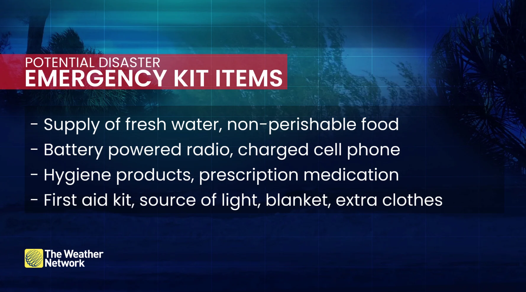 Emergency kit items (new font - updated) - hurricane, wildfire, evacuations, safety, tips