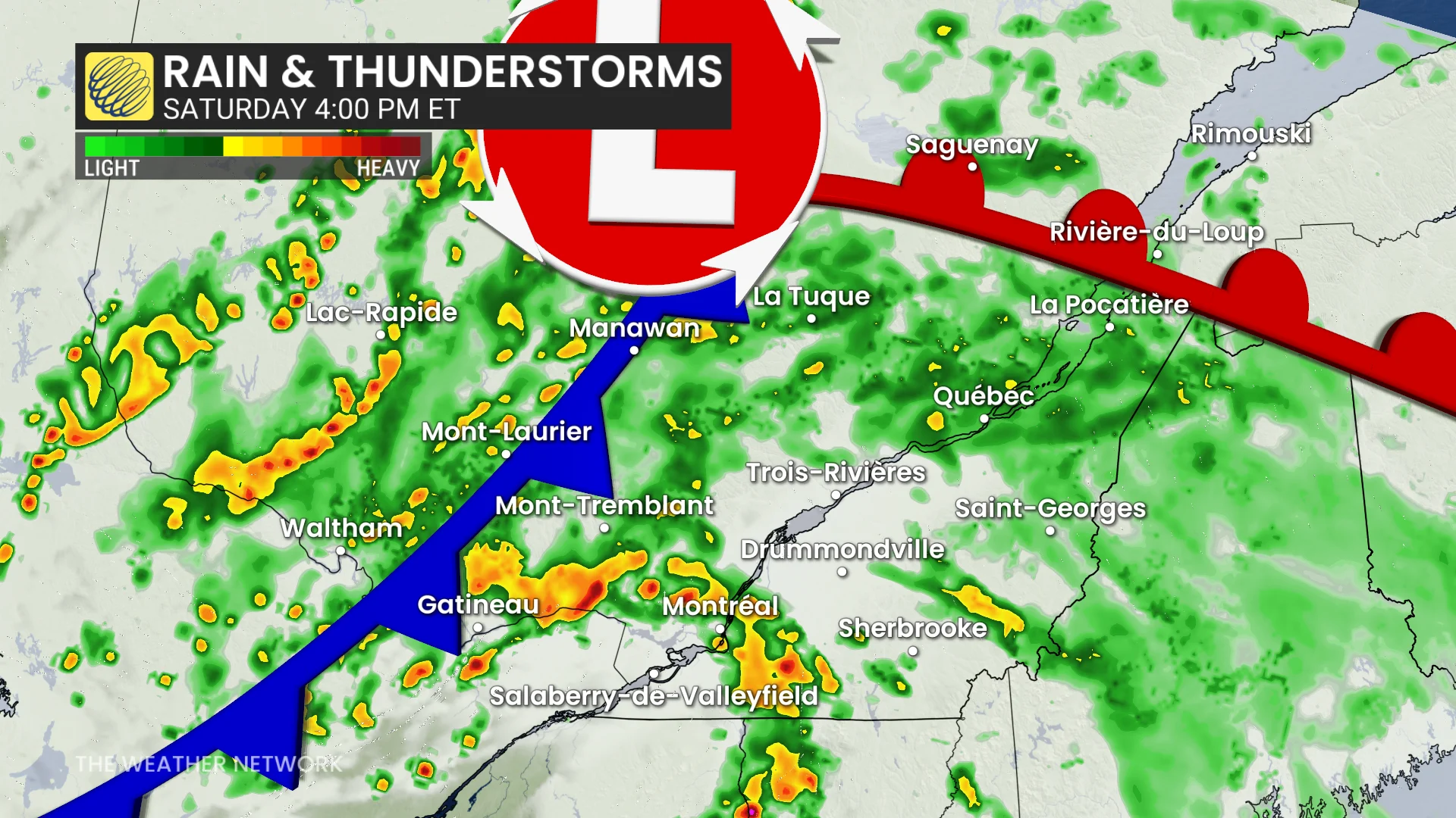 Quebec precipitation timing Saturday afternoon
