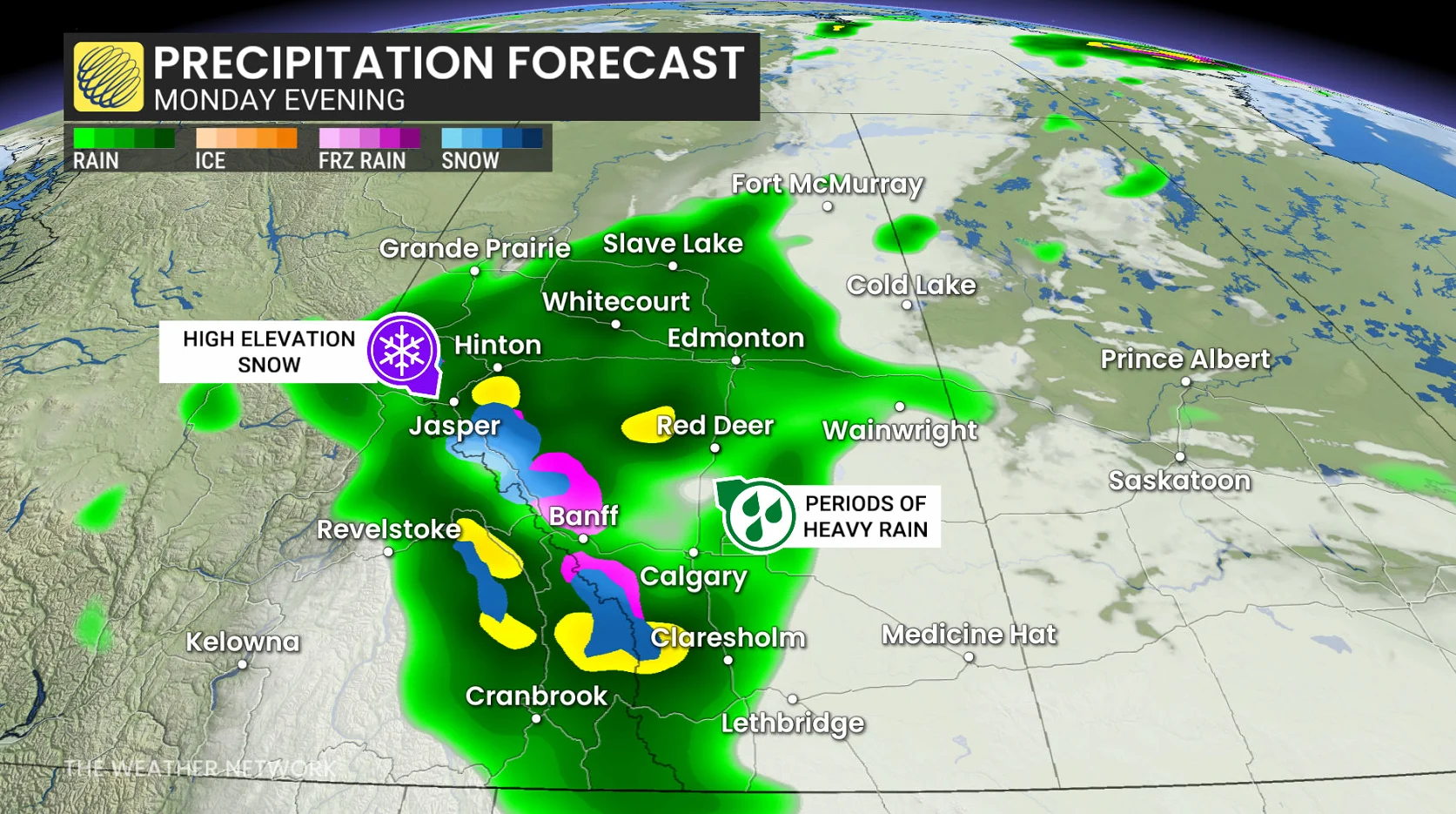 Alberta precipitation timing Monday evening