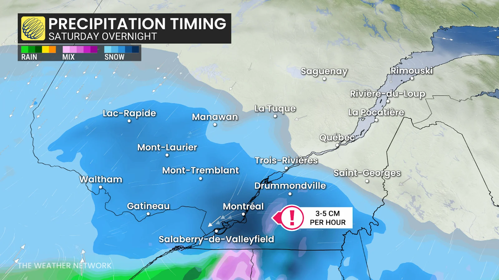 Quebec precipitation timing Saturday overnight