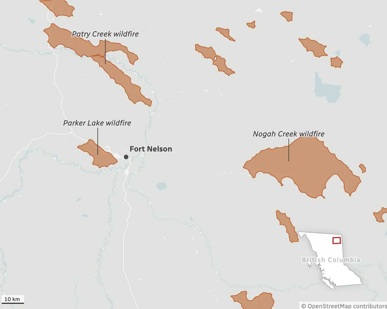 B.C. map/Canadian Wildland Fire Information System (Graeme Bruce/CBC)