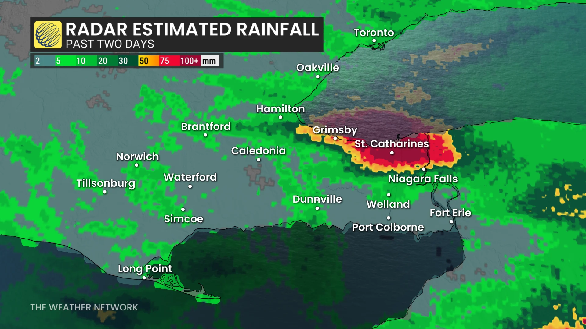 Golden Horseshoe-Niagara rainfall totals past two days