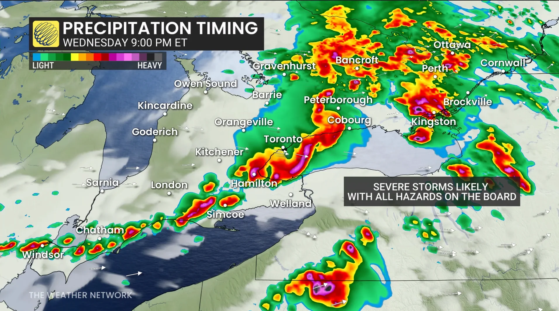 Ontario precipitation timing Wednesday evening