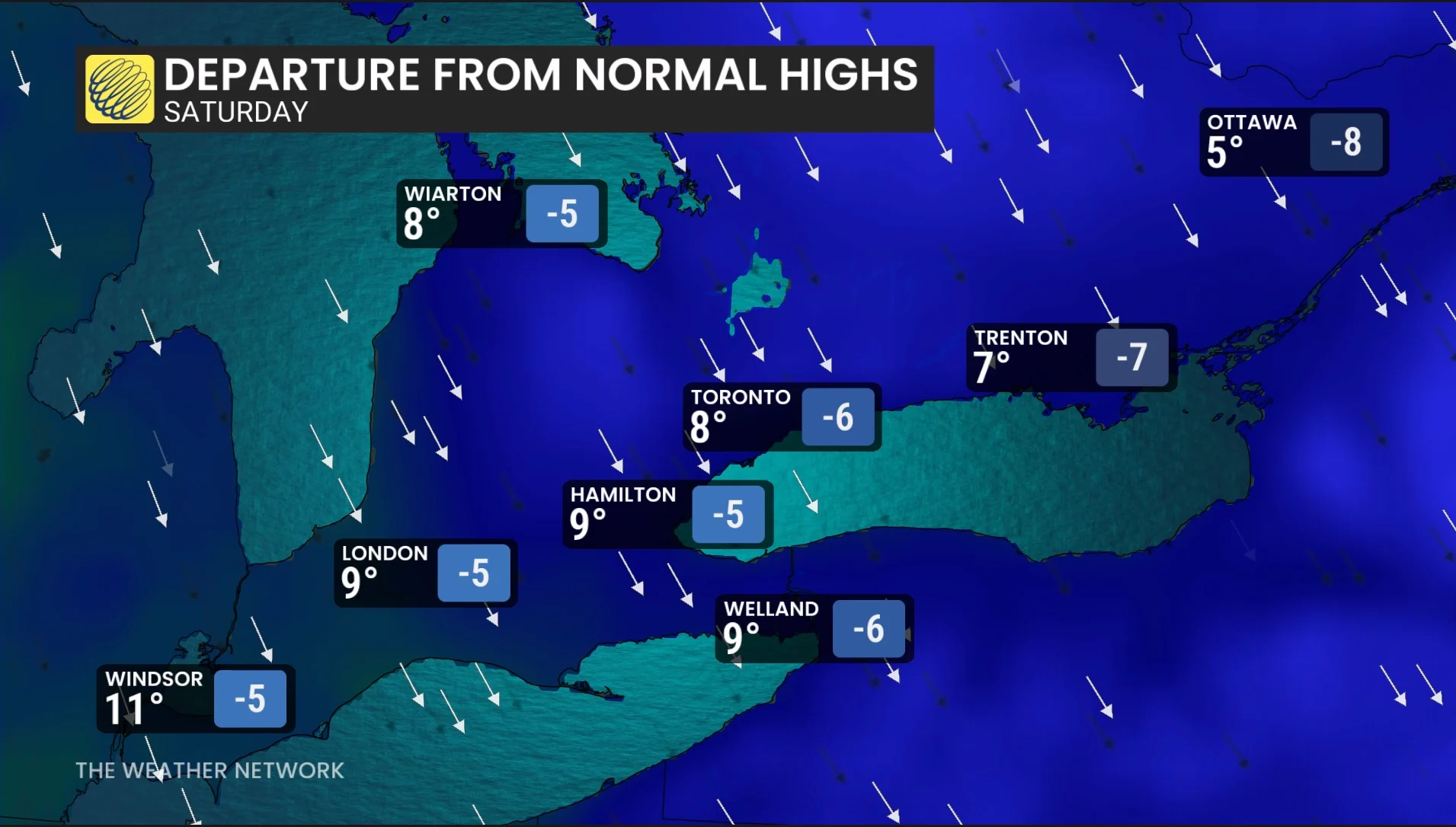 Ontario temperature departure from normal Saturday