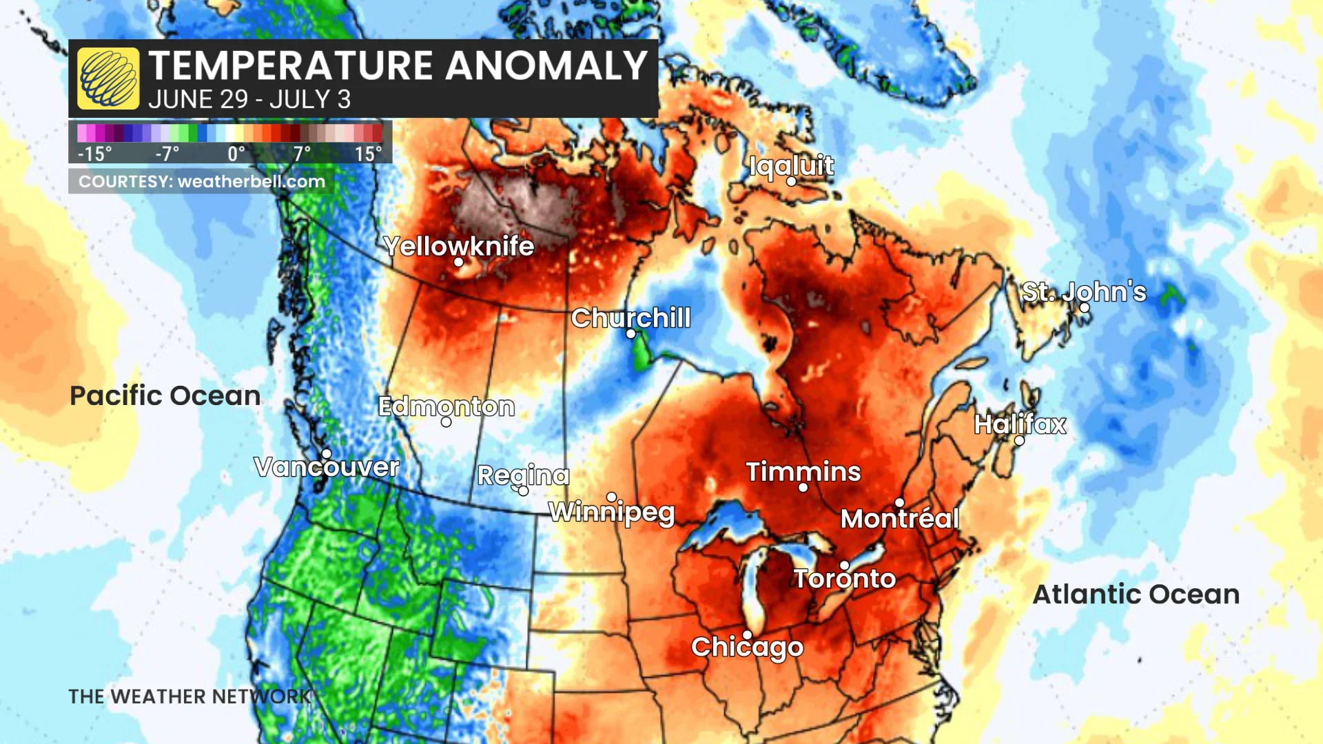 North America temperature anomaly June 29-July 3