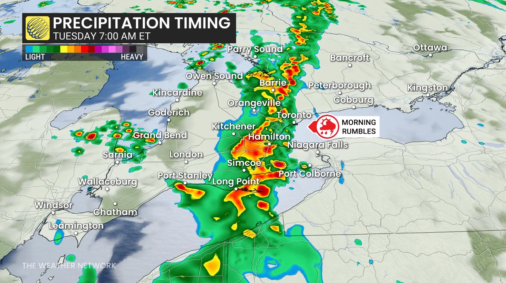 Ontario precipitation timing Tuesday morning