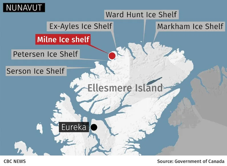 CBC A map showing the location of the Milne Ice Shelf on Ellesmere Island in Canada's High Arctic. (CBC)