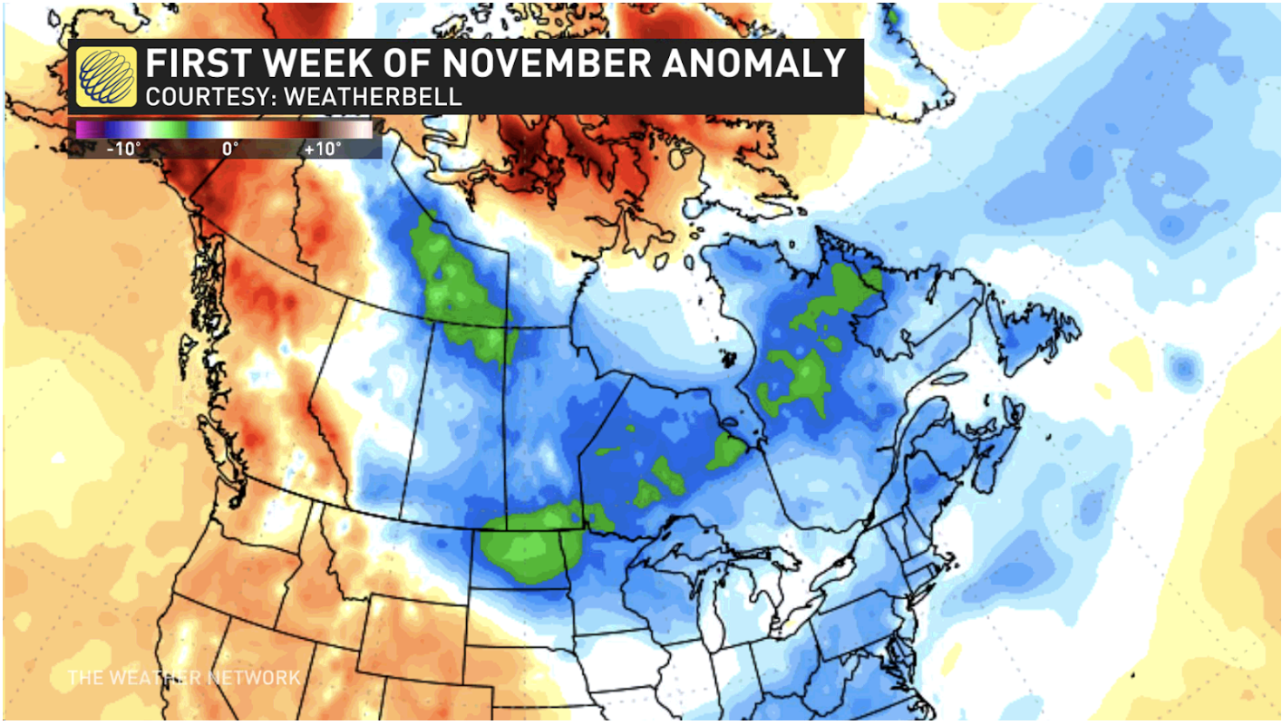 The graphic is a model forecast that highlights the widespread colder than normal temperatures for the first week of November. 