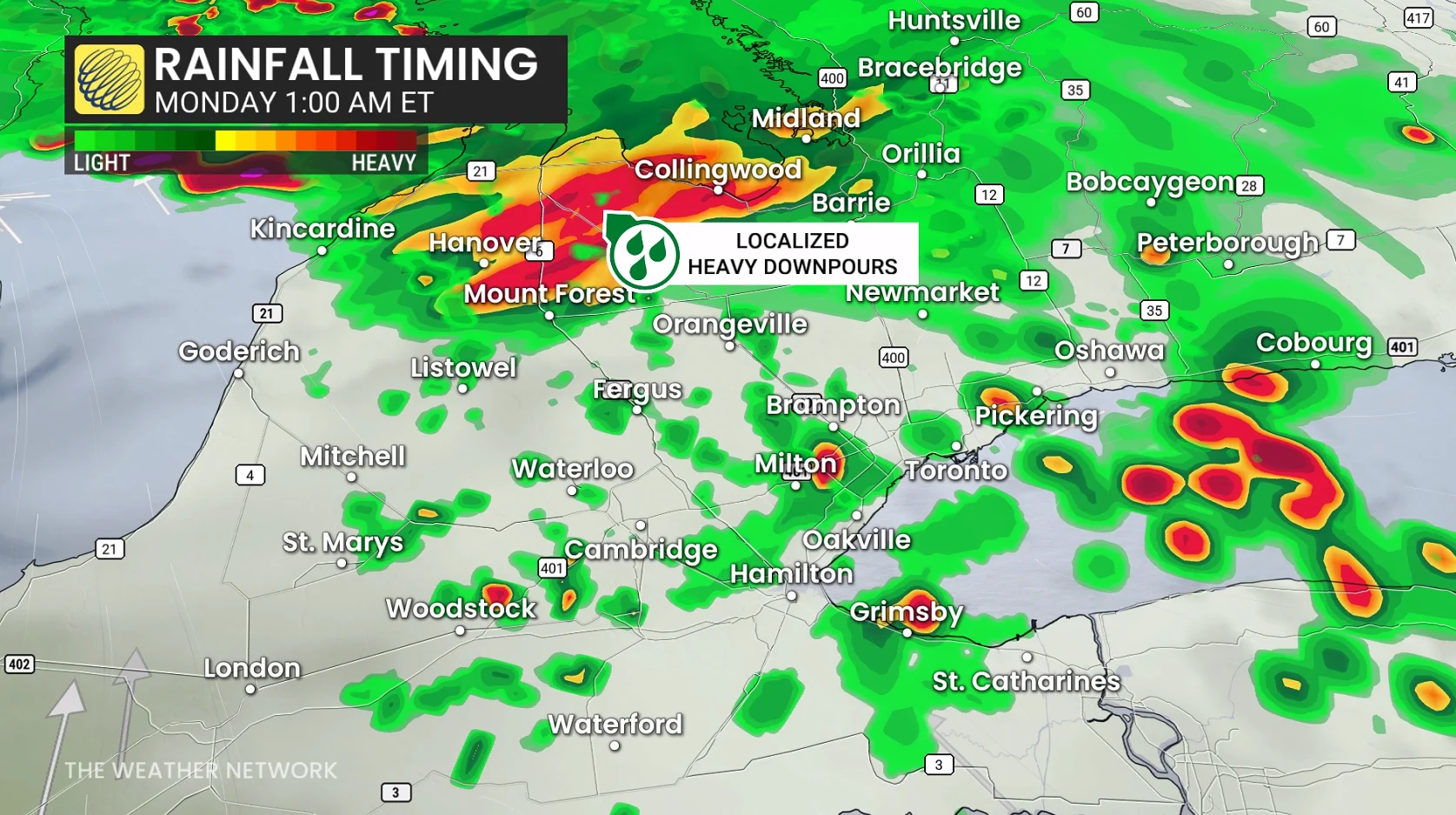 Ontario precipitation timing early Monday morning