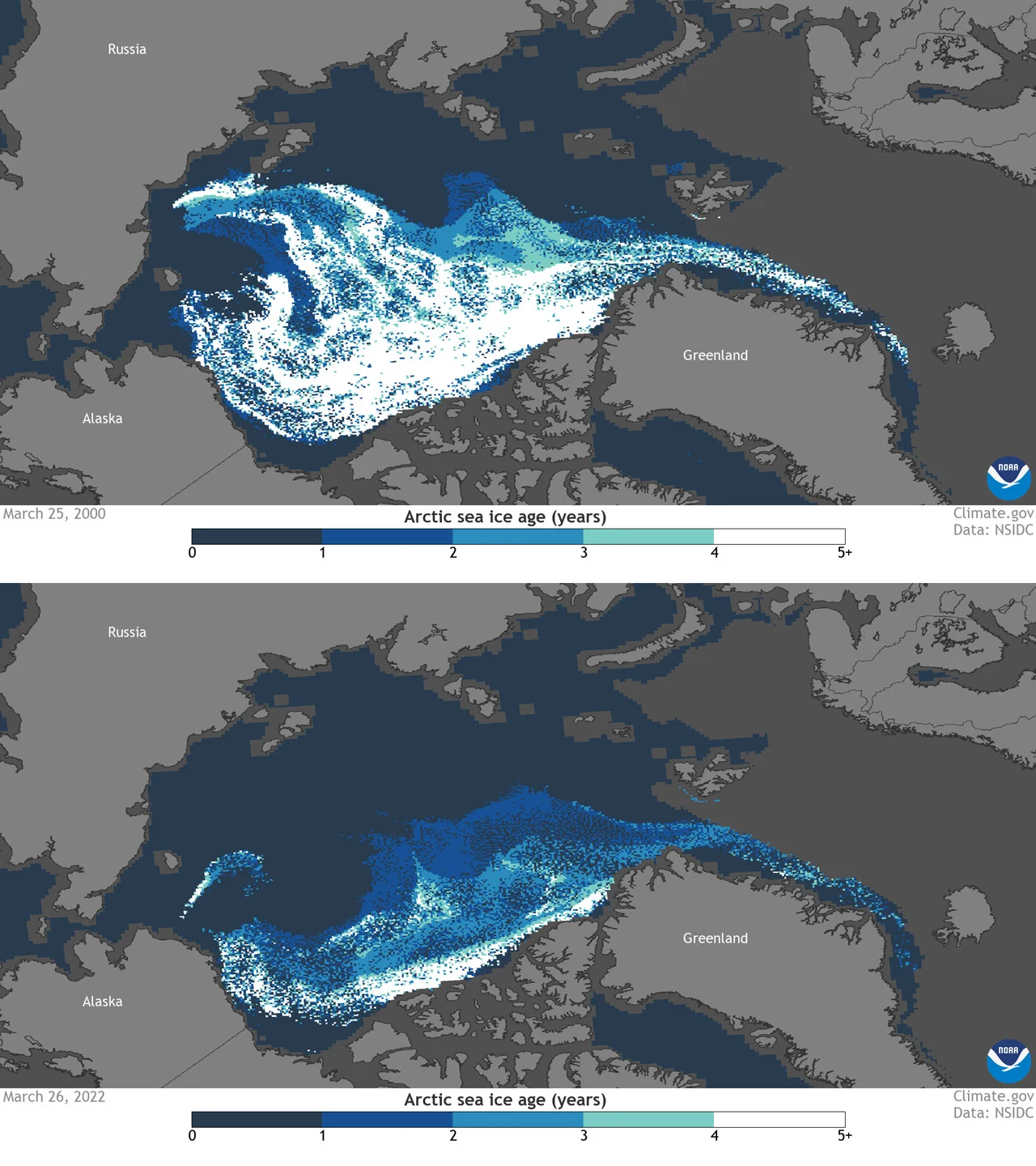 IceSnow - Weekly Sea Ice Age Arctic - 2000 vs 2022 - NOAA/NSIDC