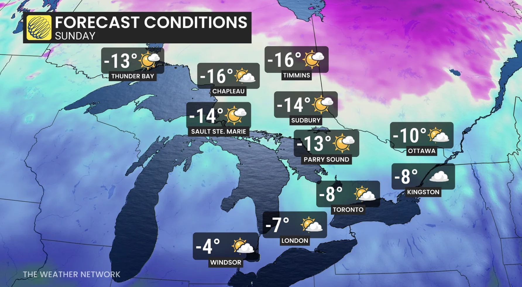 Ontario temperatures and icons Sunday