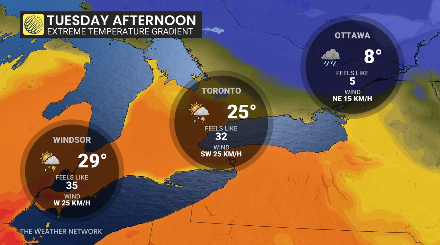 Ontario Tuesday temperature afternoon (extreme contrast)