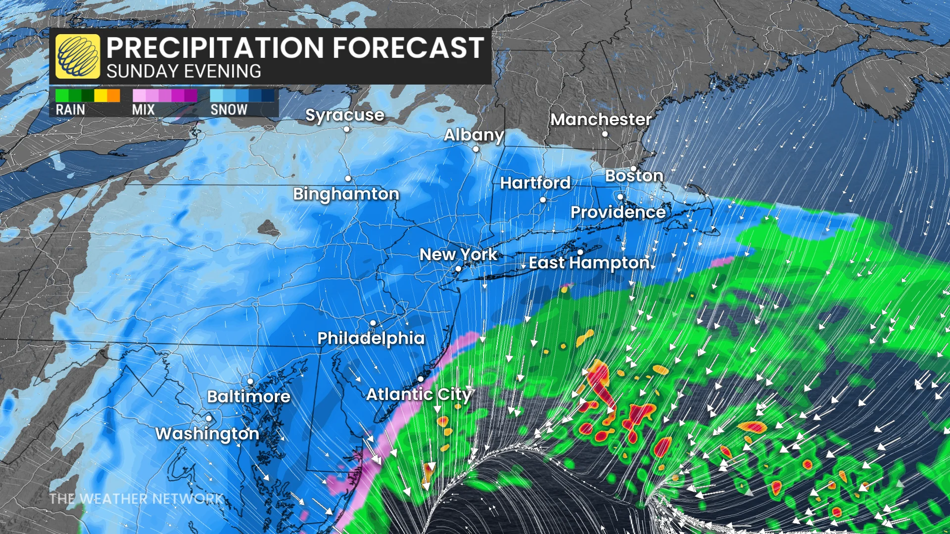 Eastern Seaboard precipitation timing Sunday evening