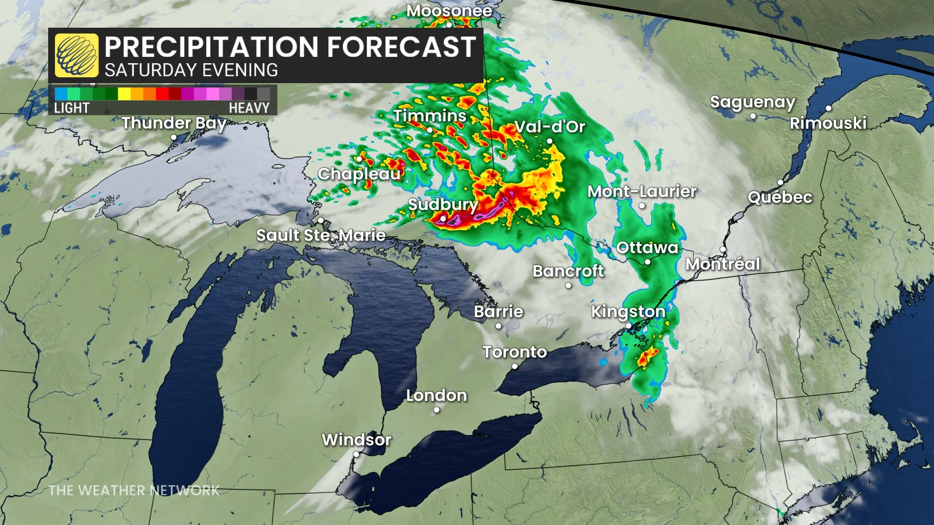 Ontario precipitation timing Saturday evening