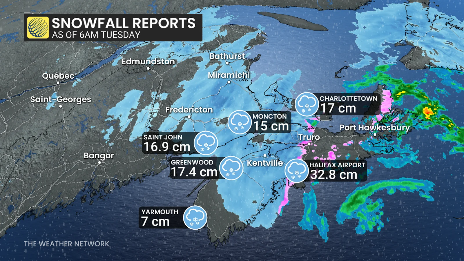 Nova Scotia Snowfall reports 6am Tuesday