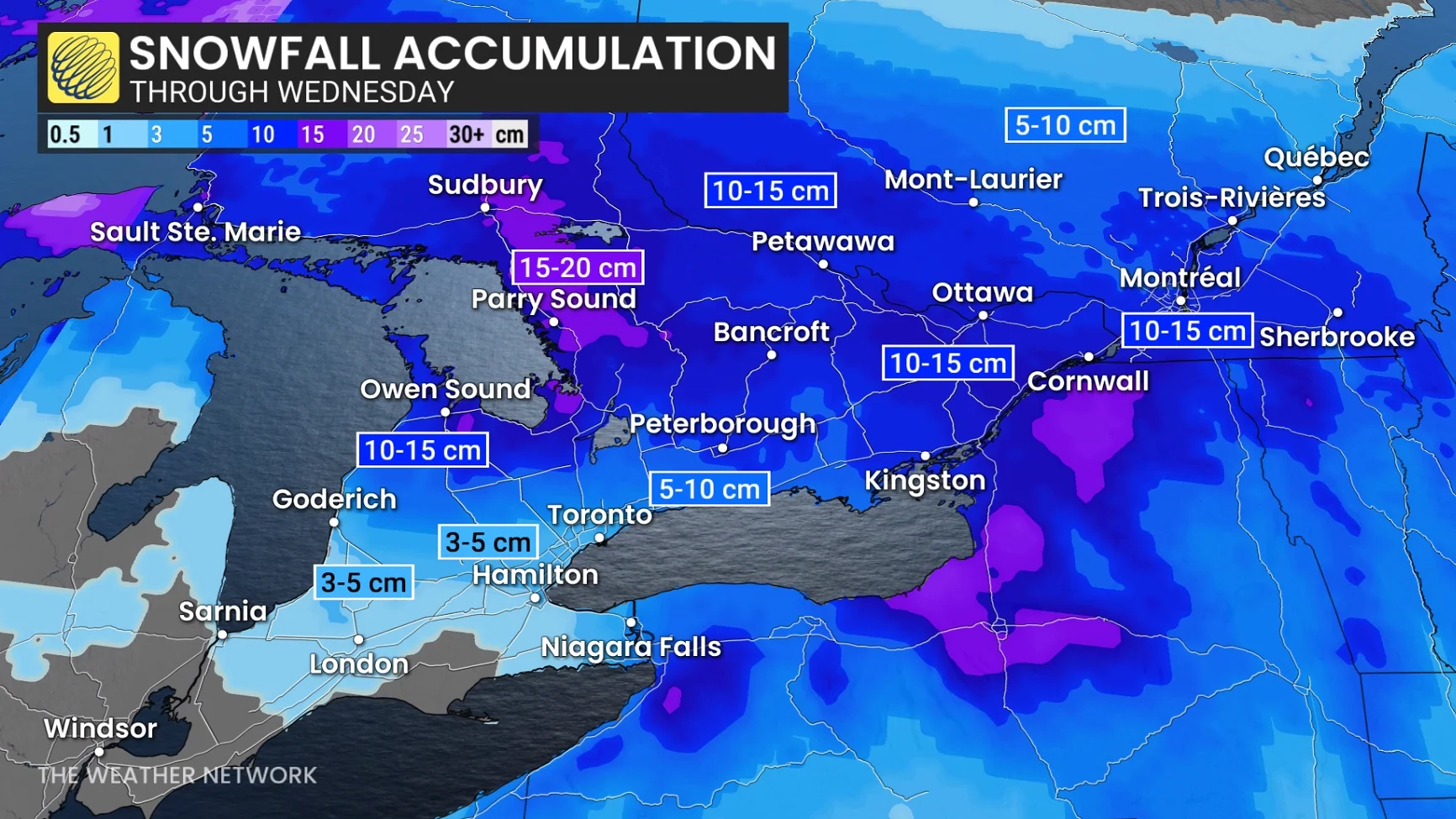 Ontario snowfall through Wednesday