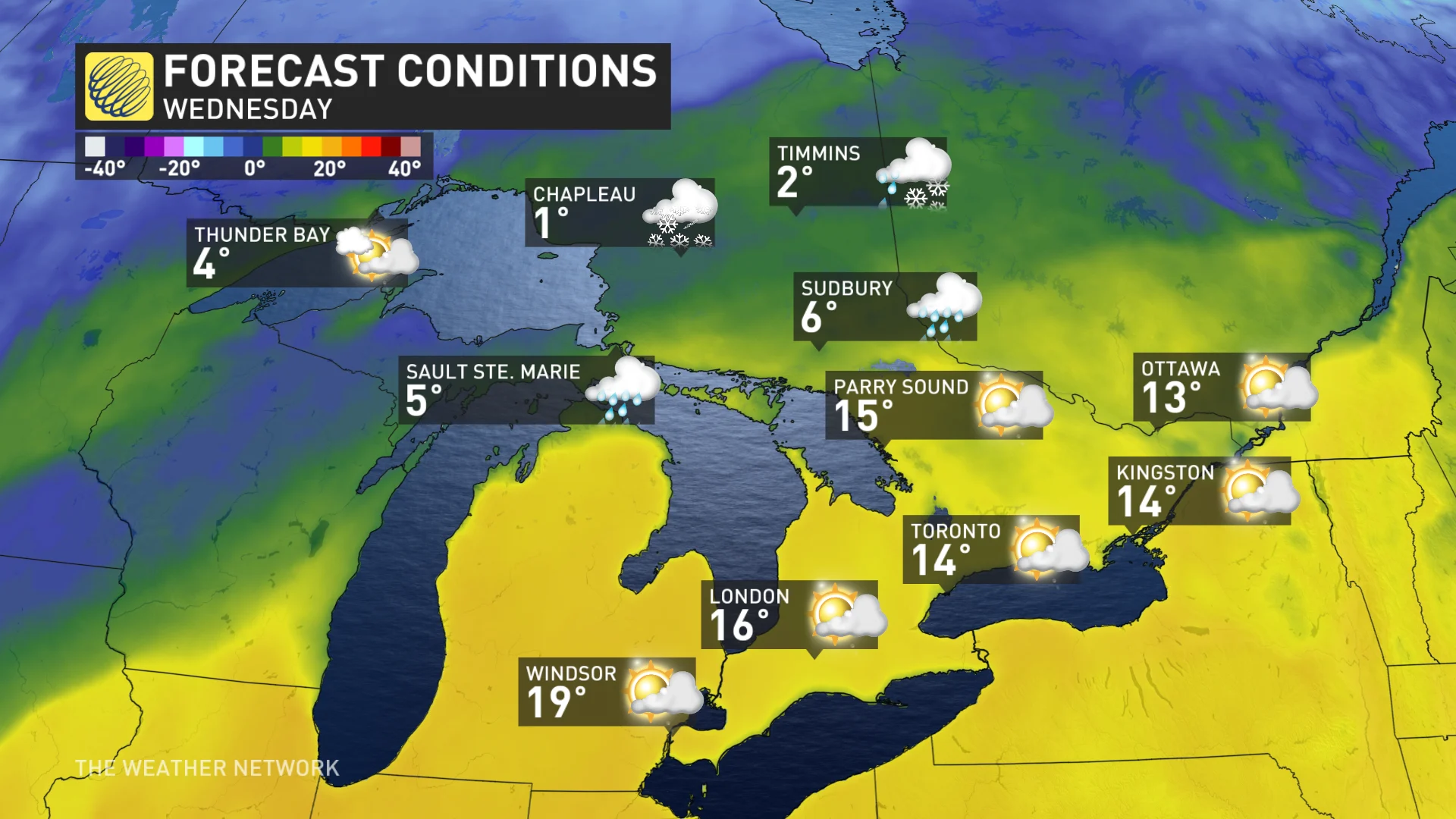 Southern Ontario Wednesday temperatures and icons
