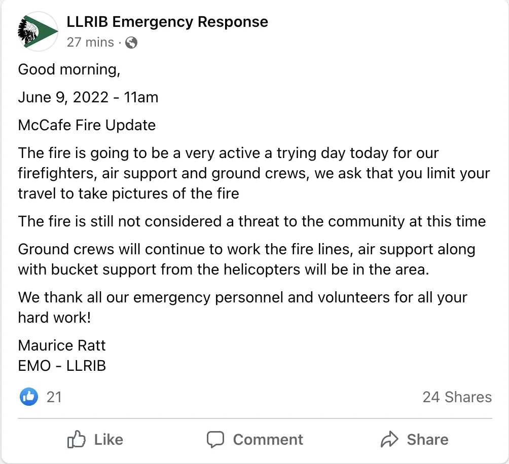 Facebook: LLRIB Emergency Response. MCCAFE Fire, Sask.